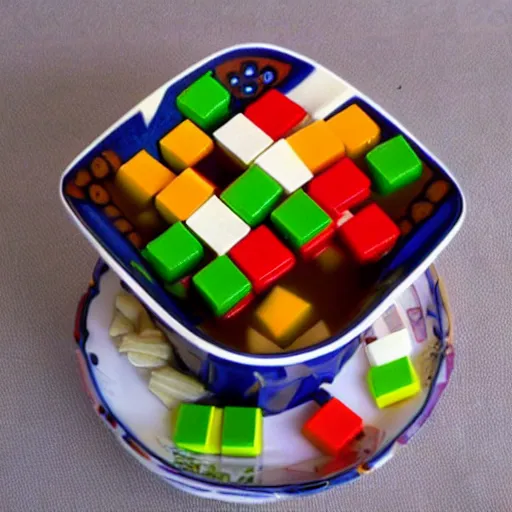 Prompt: soup made out of rubiks cubes