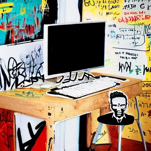 Prompt: a computer monitor from the 9 0 s the style of jean - michel basquiat