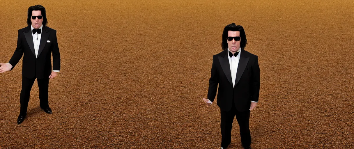 Prompt: accidentally wes anderson award - john travolta as vincent vega suprised gesture nobody there ghost town tumbleweed bushes on ground shrugging hand at waist level. standing in black suit golden ratio, fibonacci composition, 4 k, detailed, art by greg rutkowsky, trending on artstation, cinematic lighting, filmic grain, golden hour, detailed, 4 k