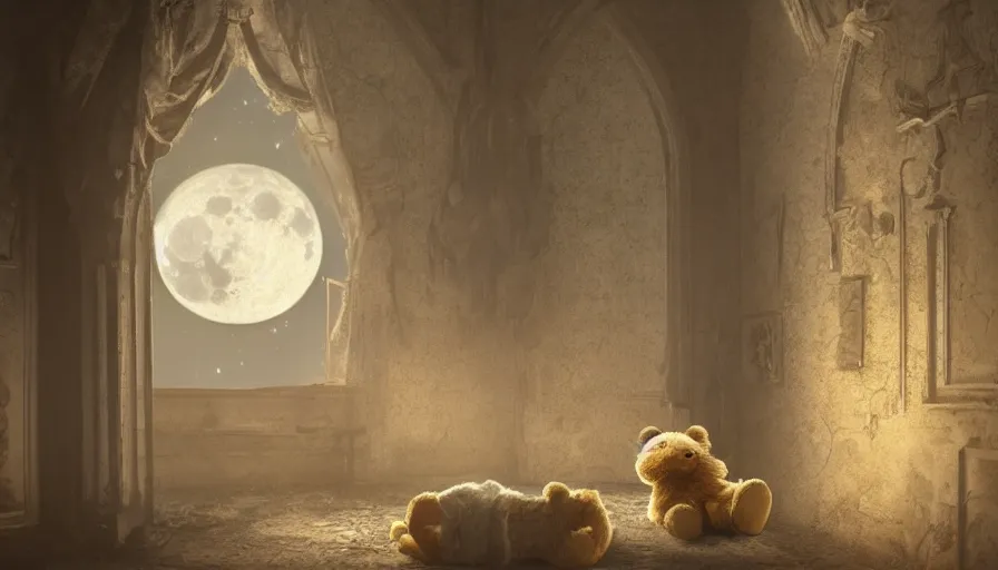 Prompt: Abandoned teddy bear on a floor of an abandoned Neo-Gothic manor looking at the moon through the big windows in front of him, hyperdetailed, artstation, cgsociety, 8k