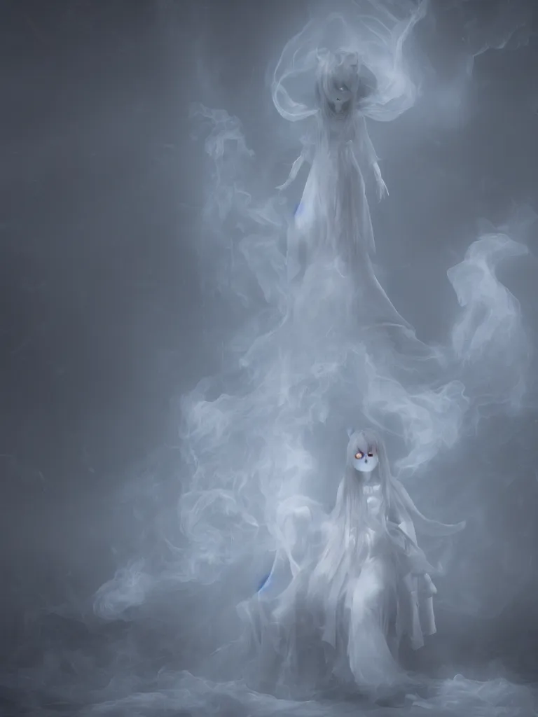 Image similar to cute fumo plush gothic angel maiden girl ghost wraith making an apparition in an abandoned throne room, wisps of smoke and glowing volumetric fog, vignette, orthographic, vray
