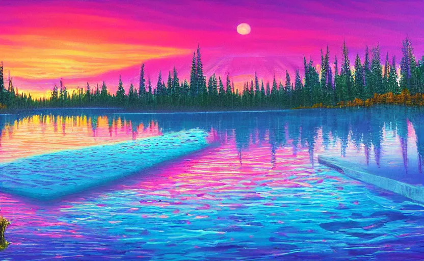 Image similar to beauti ful award winning synthwave painting of a canadian lake, extreme detail, 4 k, ultra hd