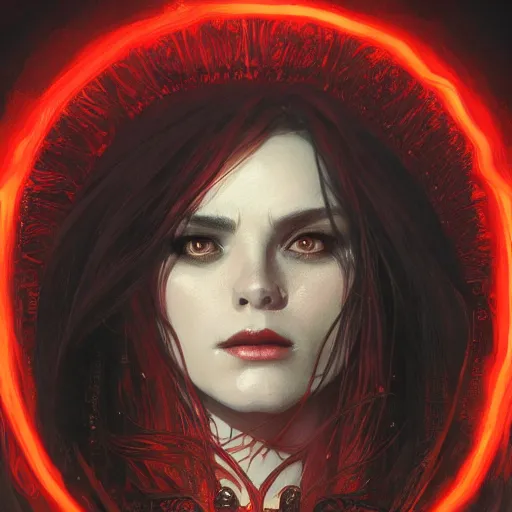 Prompt: Portrait of a dark witch, dark filaments, red glowing eyes, menacing, intimidating, frightening, intricate, headshot, highly detailed, digital painting, artstation, concept art, sharp focus, cinematic lighting, illustration, art by artgerm and greg rutkowski, alphonse mucha, cgsociety