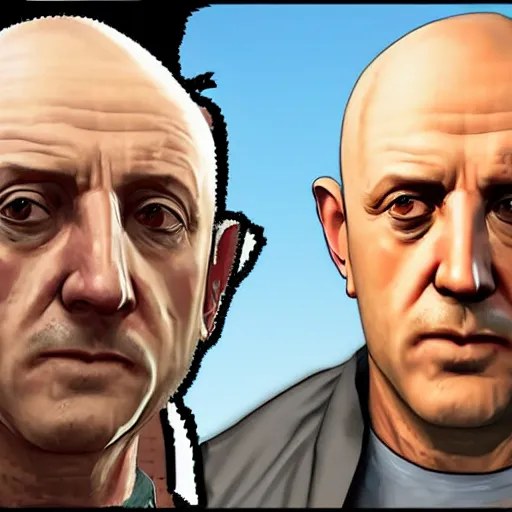 Prompt: Jonathan Banks aka Mike Ehrmantraut from Better Call Saul as a GTA character portrait, Grand Theft Auto, GTA cover art