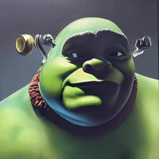 Image similar to hyper realistic oil painting of shrek holding a weapon in the back rooms