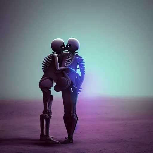 Image similar to A portrait of two skeletons locked hugging as their torso emerges from a portal by Beeple