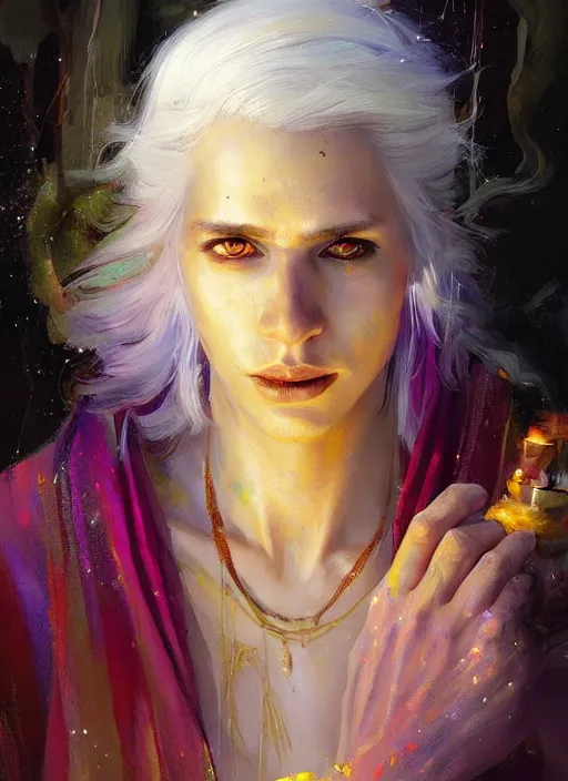 Image similar to a beautiful detailed painting of a gypsy sorcerer in colorful robes, pale skin, white hair, yellow eyes, master of dreams art by jon foster trending on artstation painted by greg rutkowski, painted by stanley artgerm
