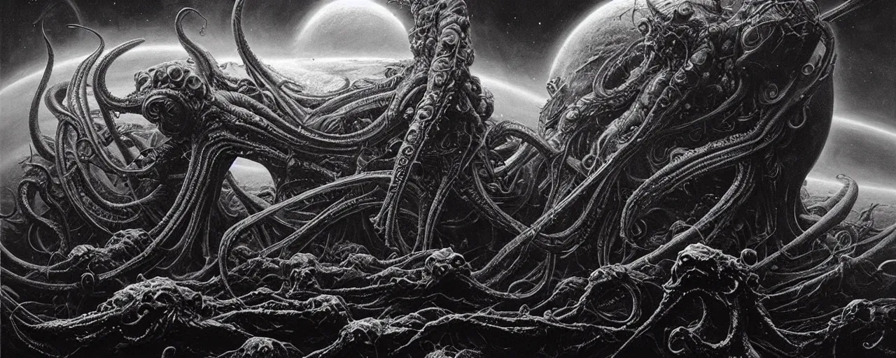 Image similar to outer space with eldritch terror and Cthulhu in the middle of composition, cosmic horror, ultra realistic, highly detailed, HD, sharp focus, cinematic lighting, realistic, art by HR Giger, art by Zdzislaw Beksinski