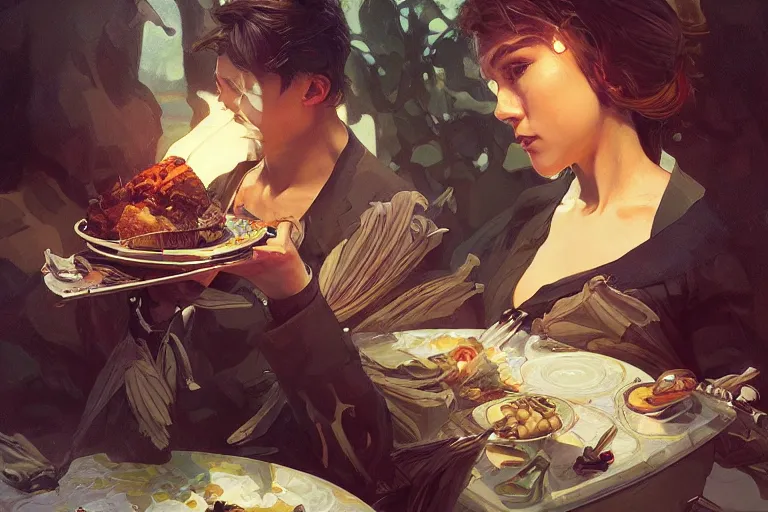 Image similar to photography of saul goodman eating, deep focus, intricate, elegant, highly detailed, digital painting, artstation, concept art, matte, sharp focus, illustration, art by artgerm and greg rutkowski and alphonse mucha