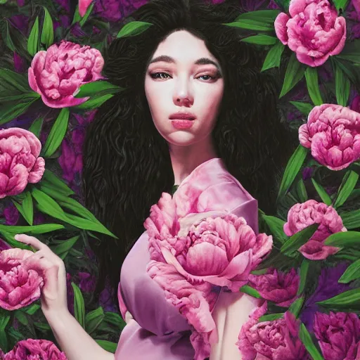 Image similar to highly detailed portrait of the most beautiful woman surrounded by peonies, vaporwave colors, smooth rendering
