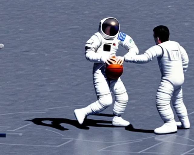 Prompt: two astronauts playing basketball on the surface of moon