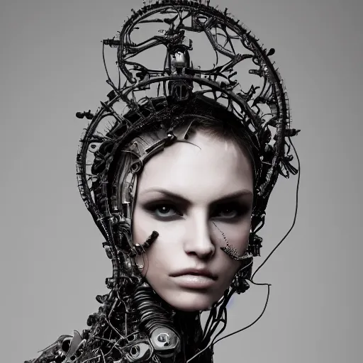 Image similar to a female model by stefan geselle and nekro borja, photorealistic, biomechanical, intricate details, hyper realistic, mechanical, wires, cables headpiece, dark beauty, photorealistic, canon r 3, photography, wide shot, photography, dark beauty, symmetrical features