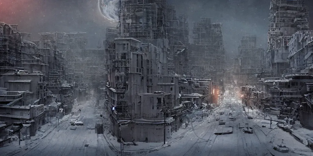 Image similar to cinematic shot of a city in the moon's hollow, norilsk russian orbit city cityscape, telephoto, iconic scene from the paranoid thriller sci fi film directed by stanley kubrick, anamorphic cinematography, beautiful composition, color theory, leading lines, photorealistic, moody volumetric lighting