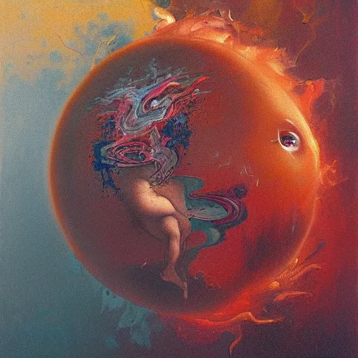 Image similar to a sphere being devoured by abstract splatters of paint in the style of francis bacon, venus being engulfed in flames in the style of james jean, surreal, beksinski, high detailed