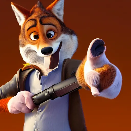 Prompt: portrait, 3 d render, anthropomorphic coyote male, wearing along brown leather maxi coat, holding a gun, in the style of zootopia