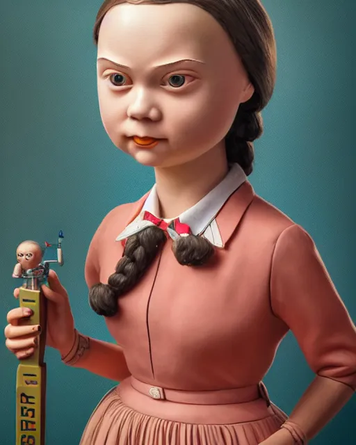 Image similar to closeup face profile portrait of greta thunberg as a tin toy 1 9 5 0 s chemistry teacher, bikini, depth of field, zeiss lens, detailed and intricate environment, fashion photoshoot by nicoletta ceccoli, mark ryden, lostfish, breathtaking, 8 k resolution, artistic, hyperrealistic, octane render