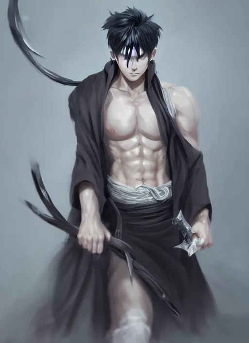 Image similar to a highly detailed illustration of fierce short white!!! haired young japanese man wearing hakama, black! sclera! eyes, dramatic serious pose, muscular, intricate, elegant, highly detailed, centered, digital painting, artstation, concept art, smooth, sharp focus, league of legends concept art, wlop