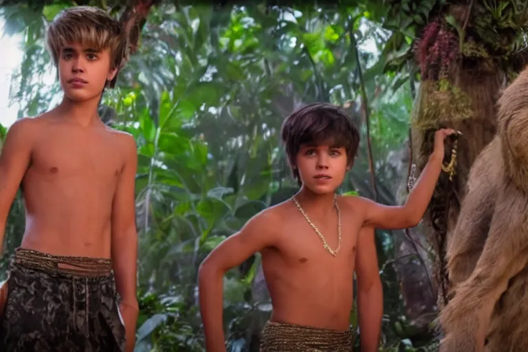 Image similar to justin bieber plays mowgli in the live action adaptation of the jungle book, red weapon 8 k s 3 5, cooke anamorphic / i lenses, highly detailed, cinematic lighting