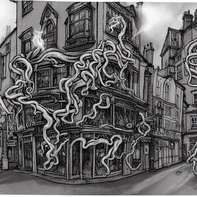 Image similar to evil eldritch smoke and tendril monsters in a typical english high street. terrified people running and screaming. polaroid. photorealistic. highly detailed