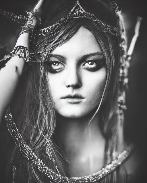 Image similar to beautiful insanely detailed portrait of a dark and mysterious oracle female, 35mm, cinematic shot, photorealistic, hard light, depth of field