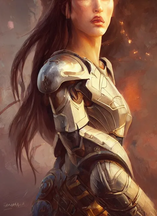 Image similar to a professional painting of a beautiful young female, clothed in battle armor, olive skin, long dark hair, beautiful bone structure, symmetrical facial features, intricate, elegant, digital painting, concept art, smooth, sharp focus, illustration, from StarCraft by Ruan Jia and Mandy Jurgens and Artgerm and William-Adolphe Bouguerea