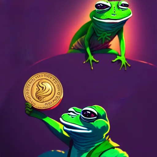 Image similar to super rich happy pepe, luxury, treasury, coins, money, hyper detalied, blue crystals, greg rutkowski, artstation