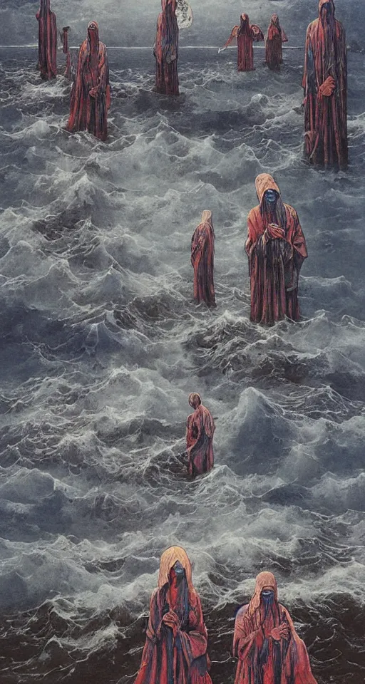 Image similar to worshippers in robes belonging to the cult of the lighthouse standing in the water, a lighthouse, high detailed beksinski painting, part by adrian ghenie and gerhard richter. art by takato yamamoto. masterpiece, deep colours, blue