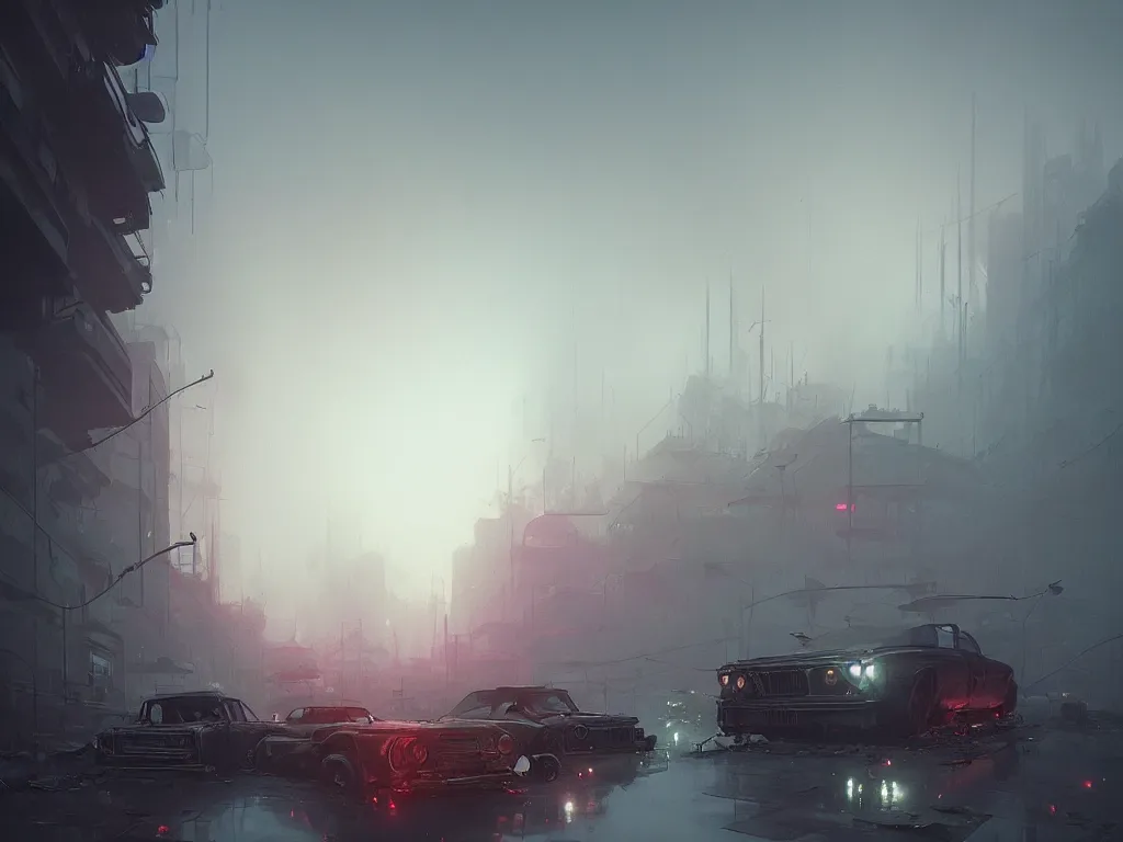 Image similar to post - apocalyptic cityscape overgrown by nature, old cars, destroyed, fog, by atey ghailan, ismail inceoglu, michal lisowski, artstation, volumetric light, high detail, perfect