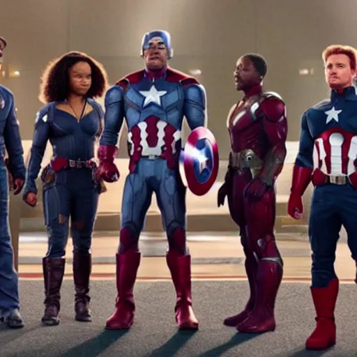 Prompt: a film still of kyla pratt meeting the avengers in 2020