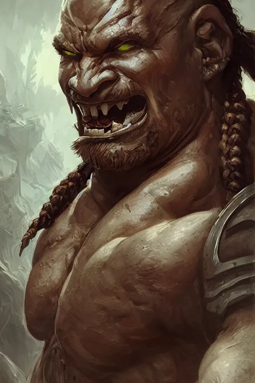 Image similar to portrait of a hulking herculean orc demon barbarian pirate, male, masculine, upper body, belt of skulls, fantasy, frown,, intricate, elegant, highly detailed, digital painting, artstation, concept art, sharp focus, illustration, art by artgerm and greg rutkowski and alphonse mucha