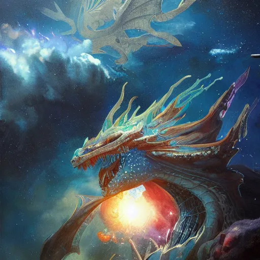 Prompt: prompt crystalline blue scales, dragon in space, devouring a planet, sun system, nebula, oil painting, by Fernanda Suarez and and Edgar Maxence and greg rutkowski