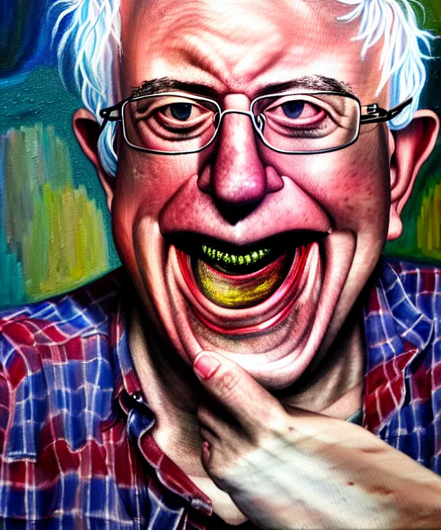 Image similar to hyperrealistic mixed media painting of Bernie Sanders as a laughing drunk, tattered plaid shirt, dimly lit dive bar, scattered empty beer bottles, stunning 3d render inspired art by P. Craig Russell and Barry Windsor-Smith + perfect facial symmetry + dim volumetric lighting, 8k octane beautifully detailed render, post-processing, extremely hyperdetailed, intricate, epic composition, grim yet sparkling atmosphere, cinematic lighting + masterpiece, trending on artstation, very very detailed, masterpiece, stunning