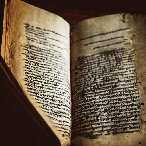 Image similar to a closeup of a closed book sitting on a desk. beside the book is an ancient scroll map of an island. dark, single light, vignette, magic, fantasy