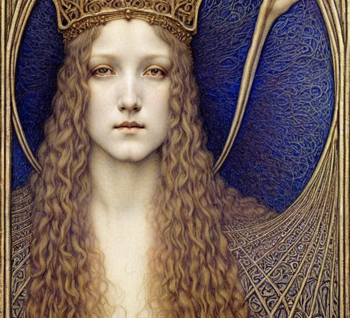 Image similar to detailed realistic beautiful young medieval queen face portrait by jean delville, gustave dore and marco mazzoni, art nouveau, symbolist, visionary, gothic, pre - raphaelite. horizontal symmetry