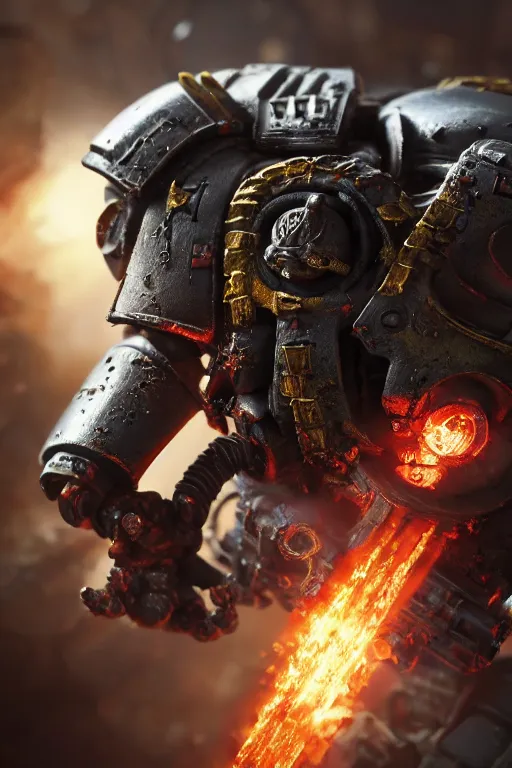 Prompt: a photo of a space marine, warhammer 4 0 k setting, dynamic pose, close - up, intricate details, intricately detailed clothing, intricate textures, warm lighting, vivid colors, smoke and mist, realistic octane render, hyper realistic render, volumetric shading, depth of field, raytracing, 8 k,