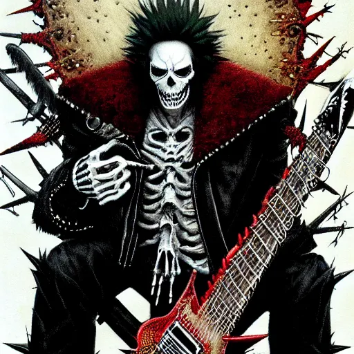 Prompt: a portrait of the grim reaper as a punk rocker playing an electric guitar, punk, skeleton face, mohawk, dark, fantasy, leather jackets, spiked collars, spiked wristbands, piercings, boots, ultrafine detailed painting by frank frazetta and vito acconci and michael whelan and takeshi obata, death note style, oil on canvas