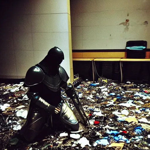 Image similar to “A knight in armor kneeling and praying. The knight is in the center abandoned small server room with server racks and server cables hanging everywhere. The ground of the room is littered and covered with garbage and debris. The walls are filthy. It is dark and there are no lights. Amateur photo. Flash photo.”