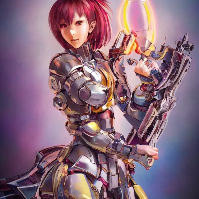 Image similar to studio portrait of lawful good colorful female holy mecha paladin absurdly beautiful, elegant, young cute anime girl, ultrafine hyperrealistic detailed face illustration by kim jung gi, irakli nadar, intricate linework, sharp focus, bright colors, matte, octopath traveler, final fantasy, unreal engine highly rendered, global illumination, radiant light, intricate environment