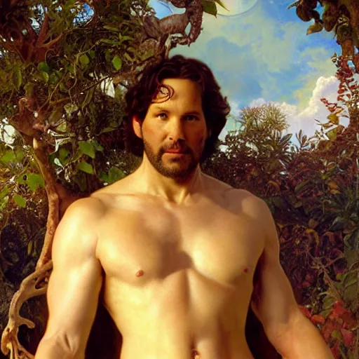 Prompt: muscular paul rudd as the biblical adam in the garden of eden, abundant apple trees, natural lighting, path traced, highly detailed, high quality, digital painting, by gaston bussiere, craig mullins, alphonse mucha j. c. leyendecker, tom of finland