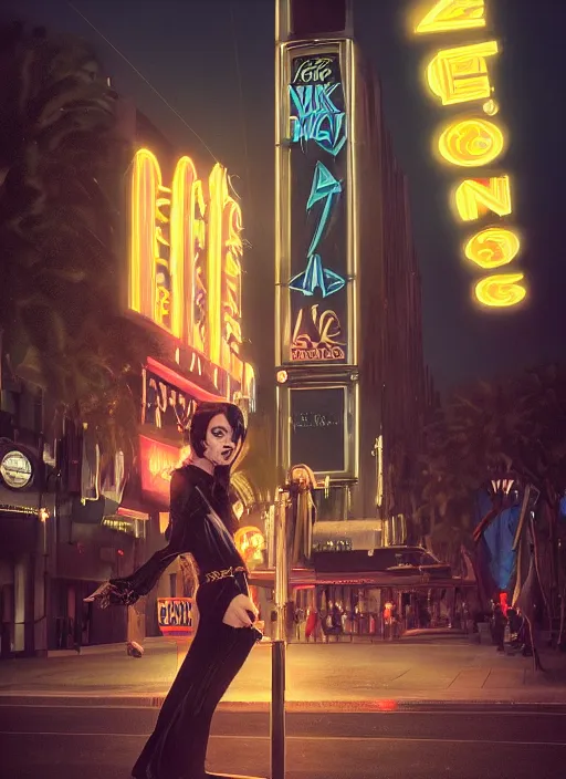 Image similar to 35mm kodak portra portrait of a darkwave vampire on the Las Vegas strip at night by tom bagshaw, cinematic, high detail, octane render, 8k highly professionally detailed, trending on artstation, CGsociety, HDR, concept art