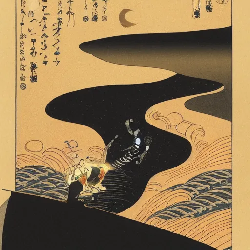 Image similar to a man falling into a black hole ukiyo - e, radiant light, detailed and intricate environment, 4 k, trending on art station, beautiful