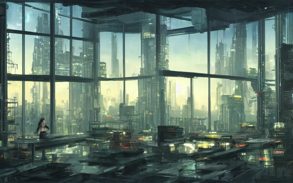 Image similar to cyberpunk loft lounge with tall windows, no people, city in background, drawn by feng zhu, sparse plants, dim painterly lighting volumetric aquatics, impasto