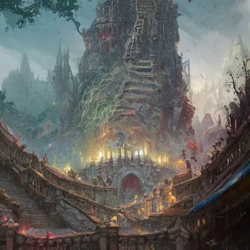 Image similar to the steps of a a crumbling stone temple in the middle of a bustling city, huge crowd on the street, fantasy, marc simonetti, anato finnstark, randy vargas, diego gisbert llorens, bayard wu, fantasy concept art, trending on artstation, 4k