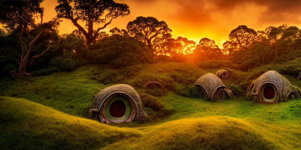 Prompt: the shire, forest, botanic foliage, big oaks, lord of the rings, hobbit houses, grass landscape, dramatic lighting, sunset, golden hour