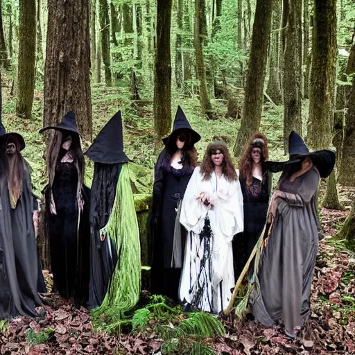 Image similar to witches posing together in an ancient forest, photo by Gertrude kasebian
