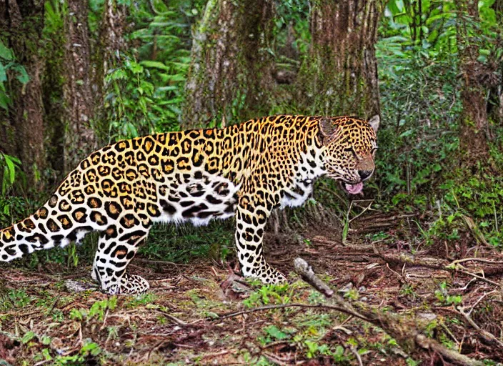 Prompt: jaguar the animal in the forest but it has the body of a jaguar car, professional natural geographic jungle photo