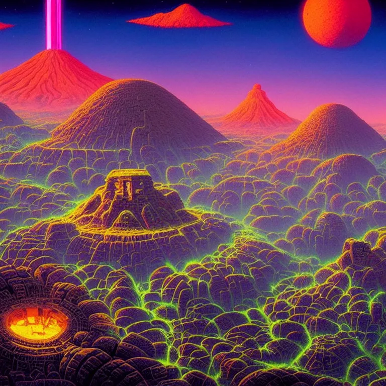 Prompt: ancient stone monuments over sprawling mysterious town, volcano valley, infinite sky, ( ( ( synthwave ) ) ), bright neon colors, highly detailed, cinematic, tim white, michael whelan, roger dean, bob eggleton, philippe druillet, vladimir kush, kubrick, haeckel, alfred kelsner