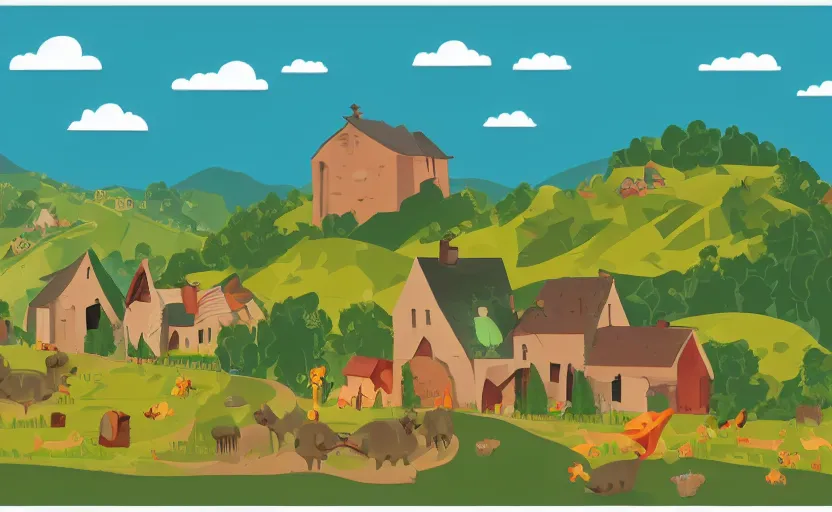 Prompt: some villagers busy farming in a small village in a valley, a dragon approaching from a distance, vector, storybook, muted colors, gouache, flat poster, sharp edges, print