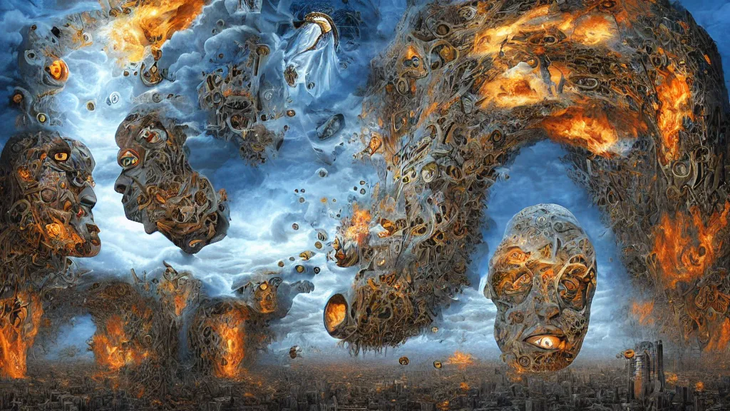 Prompt: the seven circles of hell in the styles of igor morski, jim warren, and rob gonsalves, intricate, volumetric lighting, fiery, imaginative