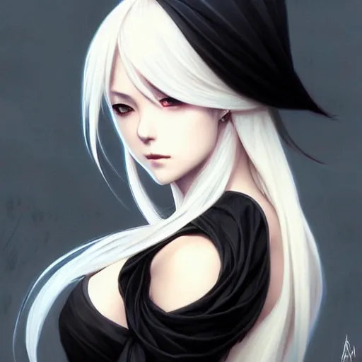 Image similar to anime girl, black dress, white hair, d & d, fantasy, intricate, elegant, highly detailed, digital painting, artstation, concept art, smooth, sharp focus, illustration, art by artgerm, greg rutkowski, alphonse mucha